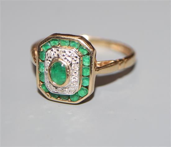 A mid 20th century 14k yellow metal, emerald and diamond cluster tablet ring, size N.